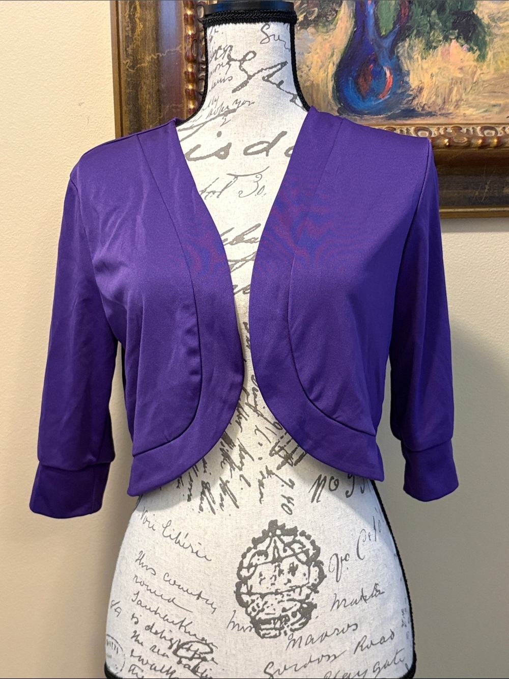 💜 Bolero Cropped Rounded Open-Front stretchy plum cardigan